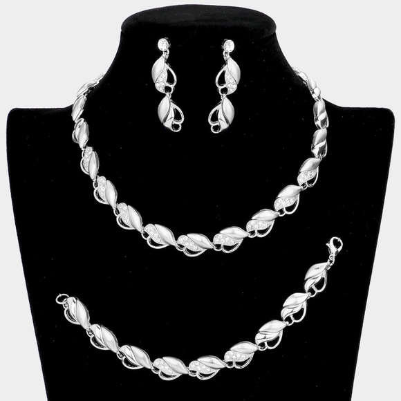 Silver 3 Piece Marquise Crystal Necklace Jewelry Set Formal Fashion Statement - Picture 1 of 3